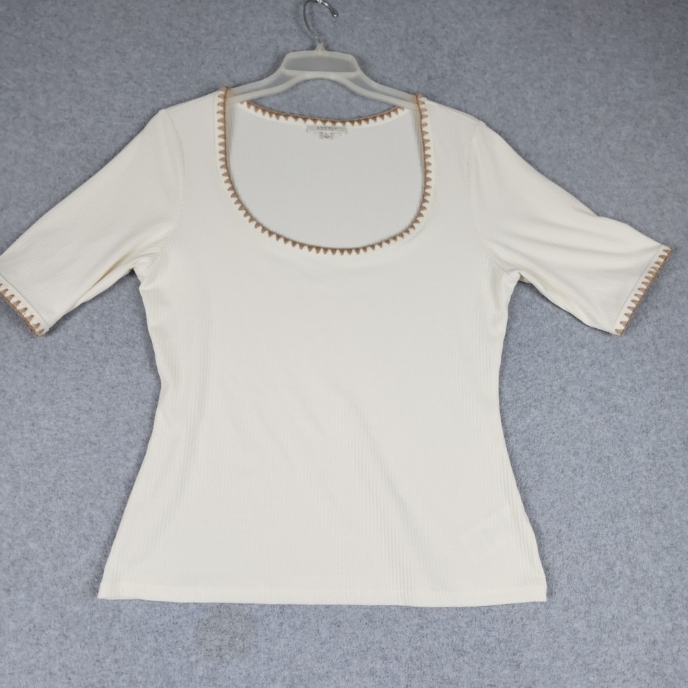 Angels Forever Young Blouse Top Womens Large Cream Ribbed Fitted Boho Scoop Neck